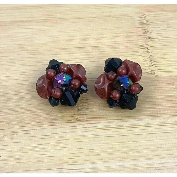 VTG Brown Black  Beaded Cluster Clip On Earrings Brass Germany 1960s - Picture 5 of 12